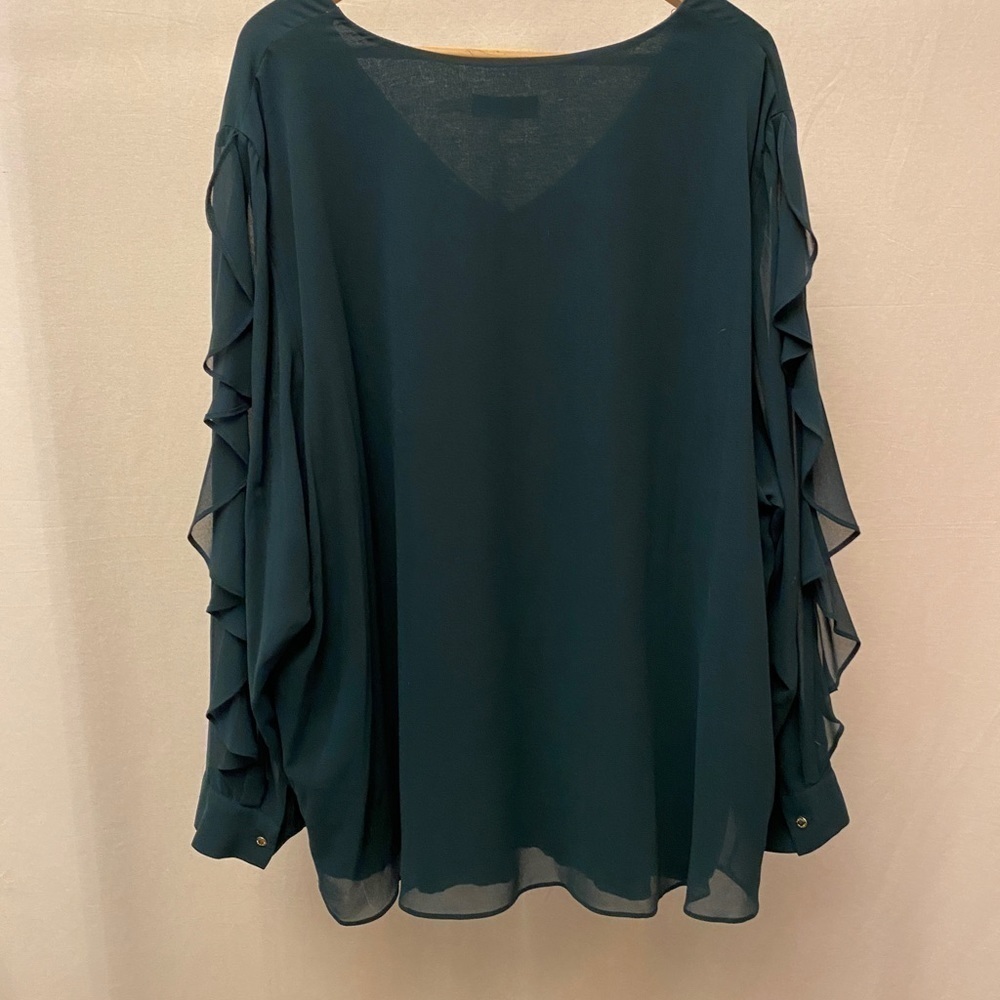 Calvin Klein 3X Top Semi Sheer Dark Green V Neck Flowy Ruffles Long Sleeve - Picture 10 of 11